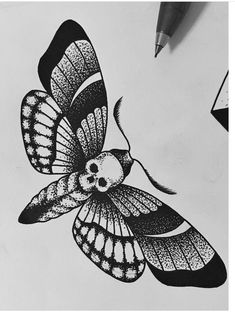 a black and white drawing of a butterfly with skull on it's back wing