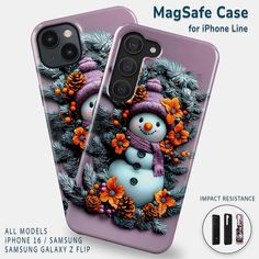 two phone cases with snowmen and pine cones on them, one has an orange flower wreath