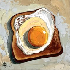 a painting of an egg on a piece of bread with brown and white paint over it