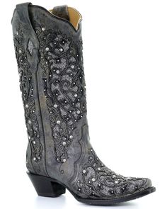 Corral Women's Grey Inlay Flower Embroidery Western Boots - Snip Toe, Black Sparkle Cowgirl Boots, Sparkle Cowgirl, Corral Boots Womens, Short Cowboy Boots, Popular Boots, Corral Boots, Western Boots Women, Pointed Toe Boots, Cowboy Boots Women