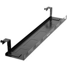 a black shelf with two hooks on it