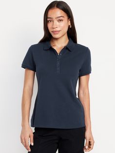 Rib-knit collar; short-sleeves.  Four-button placket.  Drop-tail hem, with vented sides.  Soft pique cotton, with comfortable stretch.  Fitted through body.  Women's polo hits below waist.  models are approx.  5'9" and wear sizes s (4), l (12), and xl (18)machine wash according to the care instruction label Blue Polo Outfit Woman, Blue Polo Outfit, Ivy League Style Women, Polo Outfit Women's, Polo For Women, Polo Outfit, Navy Uniforms, Ivy League Style, Polo Blue