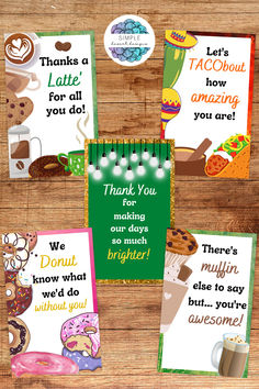 four different greeting cards with donuts and coffee on the top one is thank you for making your wish brighter