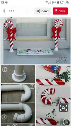 some candy canes are on the ground and in front of a door with red and white ribbons