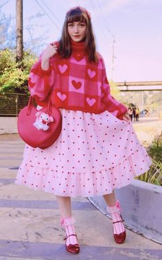 Heart Aesthetic Outfit, Cute Heart Outfits, Gogo Boots Outfit Modern, Heart Clothing Aesthetic, Hearts Outfit, Pink Heart Outfit, Cute Quirky Outfits, Lovecore Dress