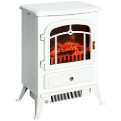 a white stove with an orange flame in the front and side panels on each side