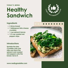 healthy sandwich recipe with spinach and pesto on toasted bread for lunch menu