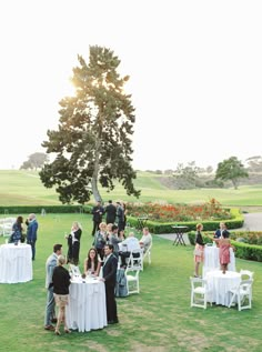 a group of people standing around tables in the grass