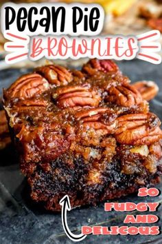 pecan pie brownies on a plate with text overlay