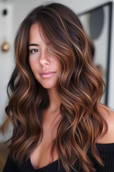 CaramelandCherryHighlightsforBrunettes381 Brown Hair With Caramel, Balayage Hair Morenas, The Best Hair Color, Brown Hair Inspiration, Hair Shade, Best Hair Color, Dark Hair With Highlights