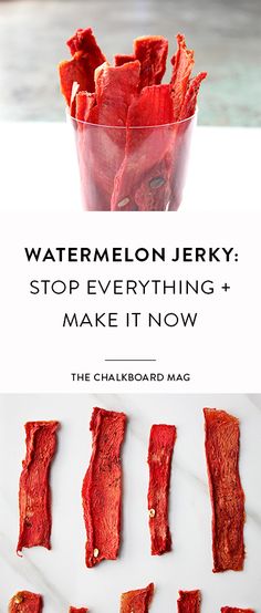 the ingredients for watermelon jeky are shown in different stages and colors, including red