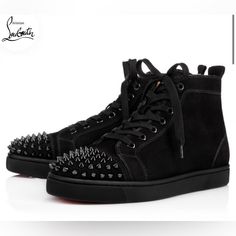 Authentic Designer Christian Louboutin Men’s Suede Black High-Top Sneakers; Never Worn; Made In Europe; Lou Spikes Luxury Suede High-top Sneakers With Round Toe, Black Leather Sneakers With Spikes, Black Suede High-top Sneakers With Studded Outsoles, Black Leather High-top Sneakers With Spikes, Black Leather Sneakers With Studs, Luxury High-top Sneakers With Red Sole For Streetwear, Black High-top Sneakers With Spikes And Round Toe, Luxury Black Sneakers With Spikes, Black High-top Sneakers With Spikes