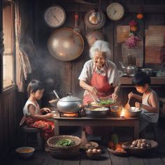 an old woman cooking food with two children