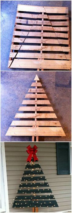 a christmas tree made out of pallets and wooden slats with lights on it