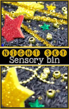 a close up of a star and some beads on a black surface with the words negleath skyy sensory bin