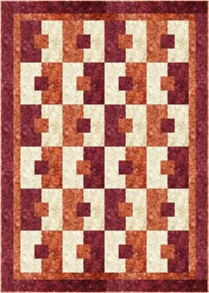 a red and white quilt with squares on the front, in shades of brown and cream