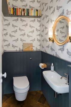 a bathroom with a toilet, sink and bookshelf on the wall above it