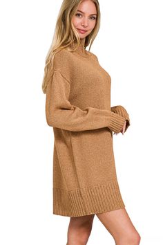 This Zenana Turtle Neck Long Sleeve Mini Sweater Dress is a versatile and stylish addition to any wardrobe. Made with high-quality materials, the dress offers comfort and warmth. The turtle neck and long sleeves provide extra coverage, while the mini length adds a modern touch. Perfect for any occasion. Details:- Turtle Neck- Mini Dress Length- Long Sleeves Fabric Content:- 65% Acrylic, 20% Nylon, 15% Polyester Beige Long Sleeve Sweater Dress For Loungewear, Casual Beige Knee-length Sweater, Beige Sweater Dress For Fall Loungewear, Beige Sweater Dress For Winter Loungewear, Winter Beige Sweater Dress For Loungewear, Casual Brown Knee-length Sweater Dress, Brown Long Sleeve Sweater Dress For Winter, Oversized Brown Dress For Winter, Cozy Brown Sweater Dress For Winter