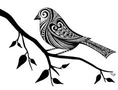 a black and white drawing of a bird sitting on a branch with leaves around it