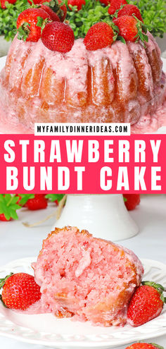 strawberry bundt cake on a white plate with strawberries