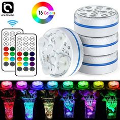 four different color changing leds in the shape of vases with remote controls on each side