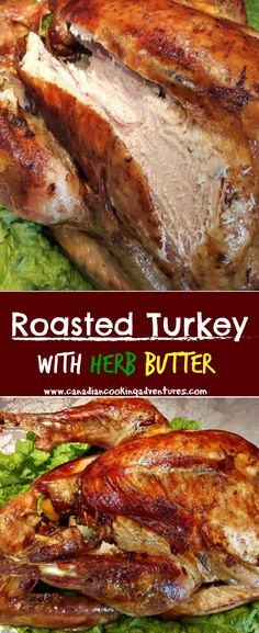 roasted turkey with herb butter on a bed of lettuce