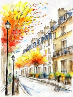 watercolor painting of an autumn street scene with trees and lampposts in the foreground