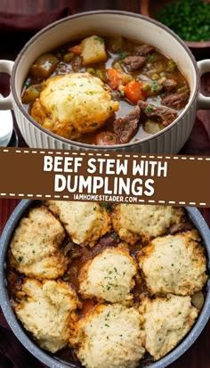 beef stew with dumplings in a pot on top of a wooden table next to other dishes