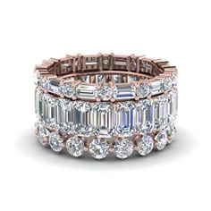 3 Piece Stack Eternity Band In 18K Rose Gold | Fascinating Diamonds Emerald Cut Diamond Eternity Band, Emerald Cut Eternity Band, Bands Rings, 11 Stone, Rose Diamond, Matching Ring, Emerald Cut Diamond, Princesa Diana