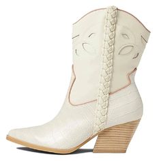 Dolce Vita Lavie Ivory Stella Western Boots, Size 9.5 New In Box When Boho Met South Western Style, Dolce Vita Lavie Boots Were Born. Soft Lining And Cushioned Insole. Crocodile Embossed Shank And A Smooth Textured Upper. Ankle-Length Silhouette. Point Toe Construction. Side Zippered Closure. Measurements: Heel Height: 2 12 In Weight: 1 Lb Shaft: 9 12 In White Lace-up Boots For Spring, White Square Toe Boots With Stacked Heel, White Medium Width Boots For Spring, Spring Off White High Heel Boots, Off White High Heel Spring Boots, White Boots With Reinforced Heel For Spring, Cream Round Toe Boots For Spring, Off White High Heel Boots For Spring, White Western Boots For Spring