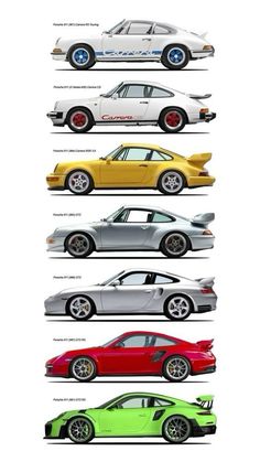 four different colored cars are shown in this poster