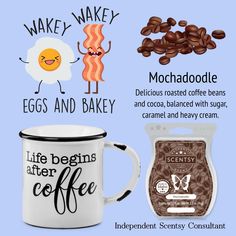 coffee mugs with different types of breakfast foods on them, including eggs and bakes