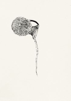 a black and white drawing of a flower with water coming out of it's petals