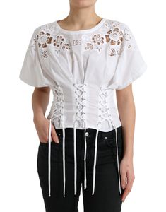 Dolce & Gabbana Elegant White Floral Lace-Up Women's Blouse Italian Elegance, Round Neck Top, Dolce E Gabbana, Cut Out Design, Round Neck Tops, Dolce & Gabbana, Online Shopping Stores, Women Lace, Blouse Top