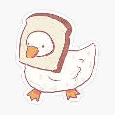 a white duck with a piece of bread in its beak sticker on a white background