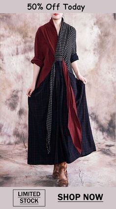 Plus Size-Fall Retro Cotton Linen Dress Stitching Robe Dress Dress Stitching, Plus Size Fall, Cotton Linen Dresses, Dress Material, Neck Pattern, Linen Dress, Dress Materials, Cotton Linen, New Dress