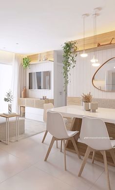 a white dining room with chairs and a table