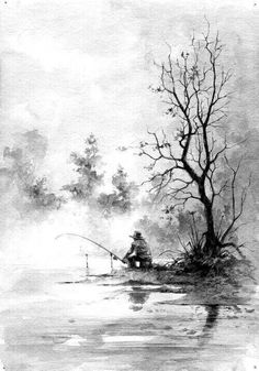 black and white drawing of a man fishing on the water with trees in the background