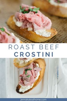 toasted bread topped with meat and cream cheese on a white plate next to the recipe for roast beef crostini