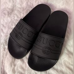 Black Gucci Slides, Only Worn Twice And Both Times Only Inside. Just Don’t Wear Them As Much As I Thought I Would. Box Included. No Dust Bags, Sorryy! Elegant Black Slides With Branded Insole, Designer Black Open Toe Slides, Gucci Black Leather Slides, Black Leather Gucci Slides, Black Casual Gucci Slides, Casual Black Gucci Slides, Black Elegant Round Toe Slides, Elegant Black Round Toe Slides, Elegant Black Slides