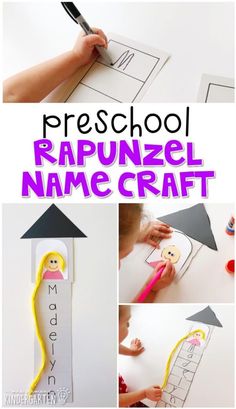 a collage of pictures with the words preschool rapunzel name craft