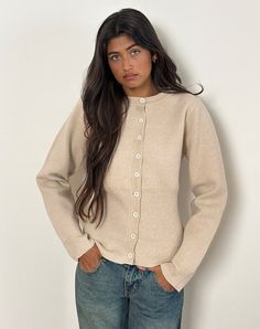 Ivory Long Sleeve Ribbed Hem Cardigan | Subra – motelrocks.com