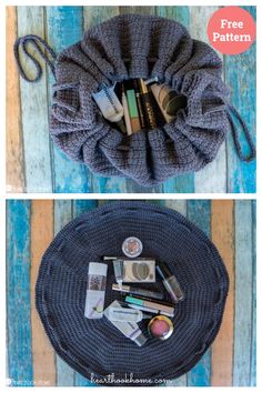 two pictures showing the contents of a crochet bag