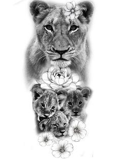 a lion and two cubs with flowers on their head are shown in this black and white photo