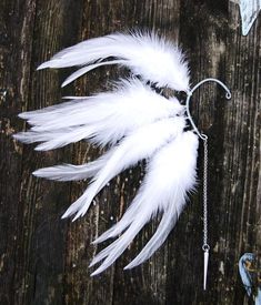 white feathers hang from a hook on a wooden surface