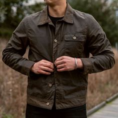 Men's Waxed Canvas Field Jacket in Dark Olive - Thursday Waxed Canvas Jacket, Mens Jackets Fall, Thursday Boots, Waxed Cotton Jacket, Mens Casual Outfits Summer, Concept Clothing, Gardening Outfit, Canvas Jacket, Wax Jackets