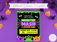 a purple and green halloween mash party flyer