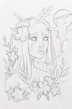 a pencil drawing of a girl with flowers in her hair and an object floating above her head