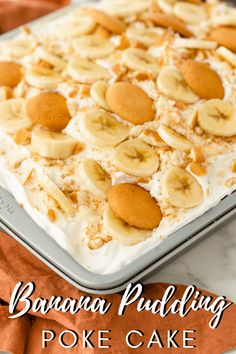 banana pudding poke cake in a pan on a table