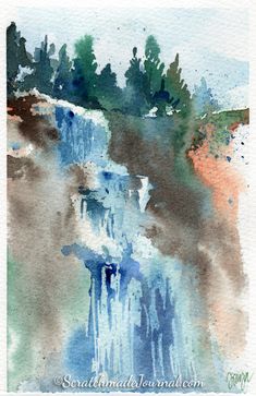 a watercolor painting of a waterfall with trees in the background